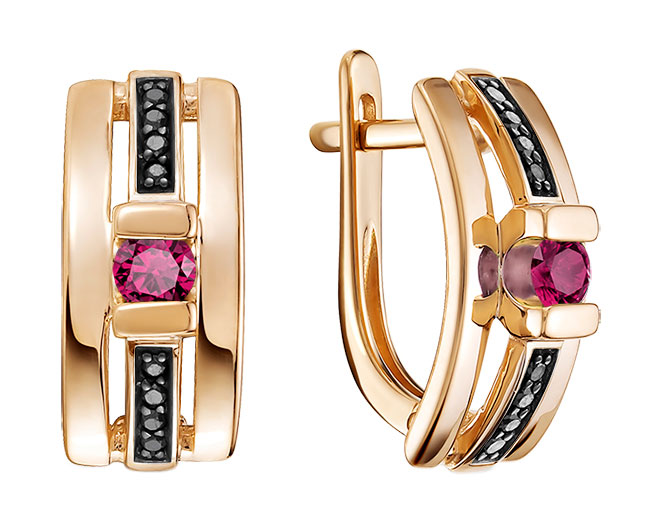 Золотые серьги Vesna jewelry 21804-157-294-00 с рубинами, черными бриллиантами