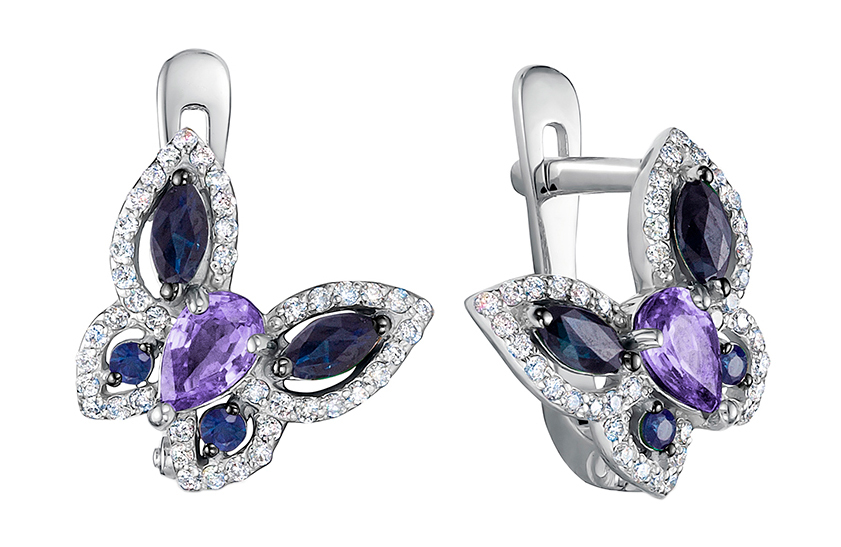 Серьги из белого золота ''Бабочки'' Vesna jewelry 22003-256-322-00 с танзанитами, сапфирами, бриллиантами