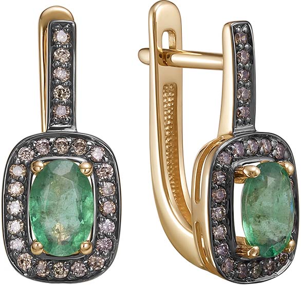 Золотые серьги Vesna jewelry 23570-157-285-00 с изумрудами, коньячными бриллиантами