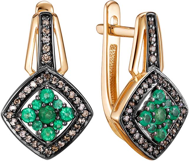 Золотые серьги Vesna jewelry 23596-157-285-00 с изумрудами, коньячными бриллиантами