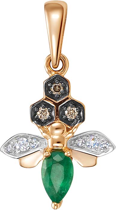 Золотая подвеска ''Пчела'' Vesna jewelry 32618-156-313-00 с изумрудом, коньячными бриллиантами, бриллиантами