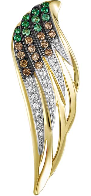 Золотая подвеска ''Крыло'' Vesna jewelry 32644-356-313-00 с изумрудами, коньячными бриллиантами, бриллиантами