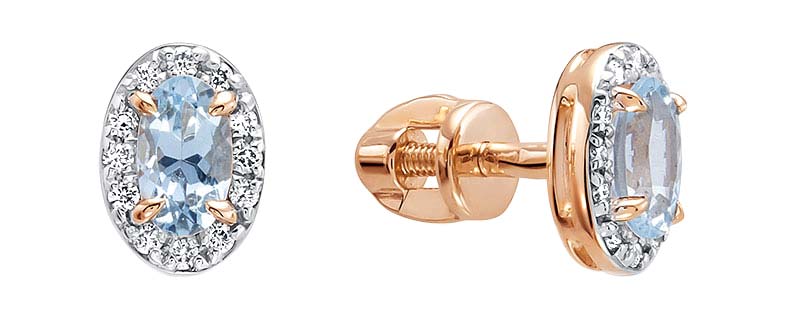 Золотые серьги пусеты-гвоздики Vesna jewelry 4022-151-164-00 с аквамаринами, бриллиантами