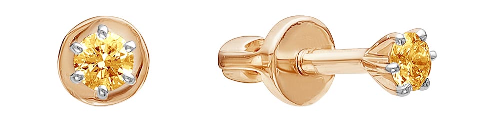 Золотые серьги пусеты-гвоздики Vesna jewelry 4037-151-229-00 с оранжевыми бриллиантами