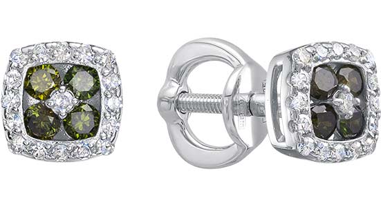 Серьги пусеты-гвоздики из белого золота Vesna jewelry 41702-251-271-00 с зелеными бриллиантами, бриллиантами