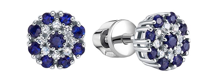 Серьги пусеты-гвоздики из белого золота Vesna jewelry 41703-251-13-00 с сапфирами, бриллиантами