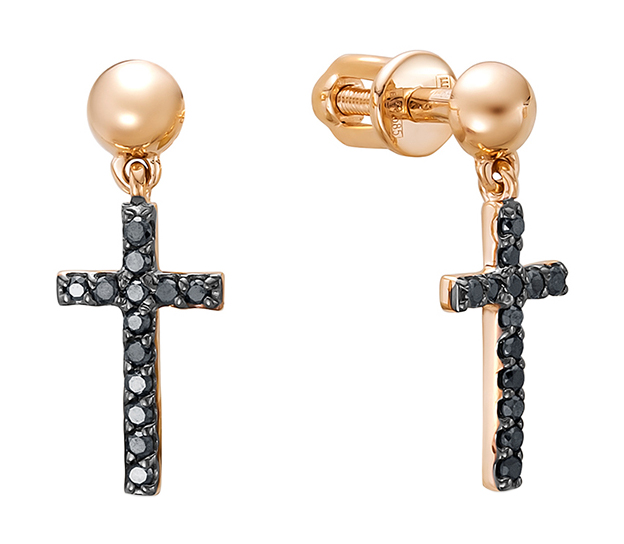 Золотые серьги с подвесками Vesna jewelry 42110-157-02-00 с черными бриллиантами