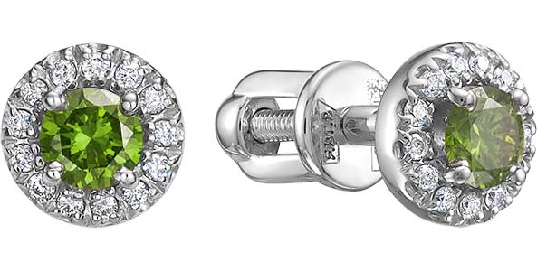 Серьги пусеты-гвоздики из белого золота Vesna jewelry 42866-251-375-00 с зелеными бриллиантами, бриллиантами