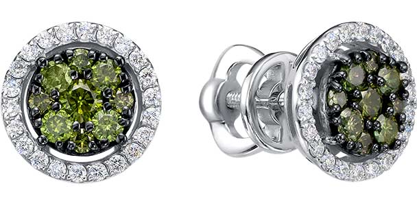 Серьги пусеты-гвоздики из белого золота Vesna jewelry 43343-256-375-00 с зелеными бриллиантами, бриллиантами