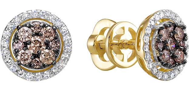 Золотые серьги пусеты-гвоздики Vesna jewelry 43343-356-176-00 с коньячными бриллиантами, бриллиантами