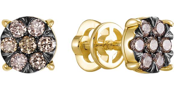 Золотые серьги пусеты-гвоздики Vesna jewelry 43442-357-09-00 с коньячными бриллиантами