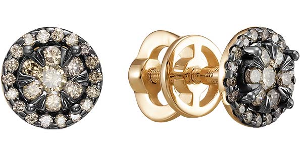 Золотые серьги пусеты гвоздики Vesna jewelry 43502-157-09-00 с коньячными бриллиантами