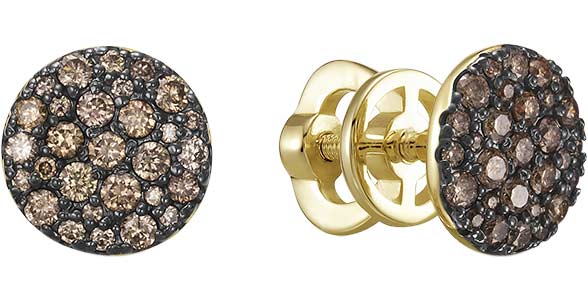 Золотые серьги пусеты-гвоздики Vesna jewelry 43505-357-09-00 с коньячными бриллиантами