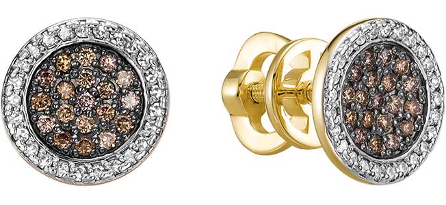 Золотые серьги пусеты-гвоздики Vesna jewelry 43512-356-176-00 с коньячными бриллиантами, бриллиантами