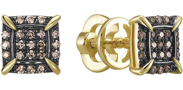 Золотые серьги пусеты-гвоздики Vesna jewelry 43513-357-09-00 с коньячными бриллиантами