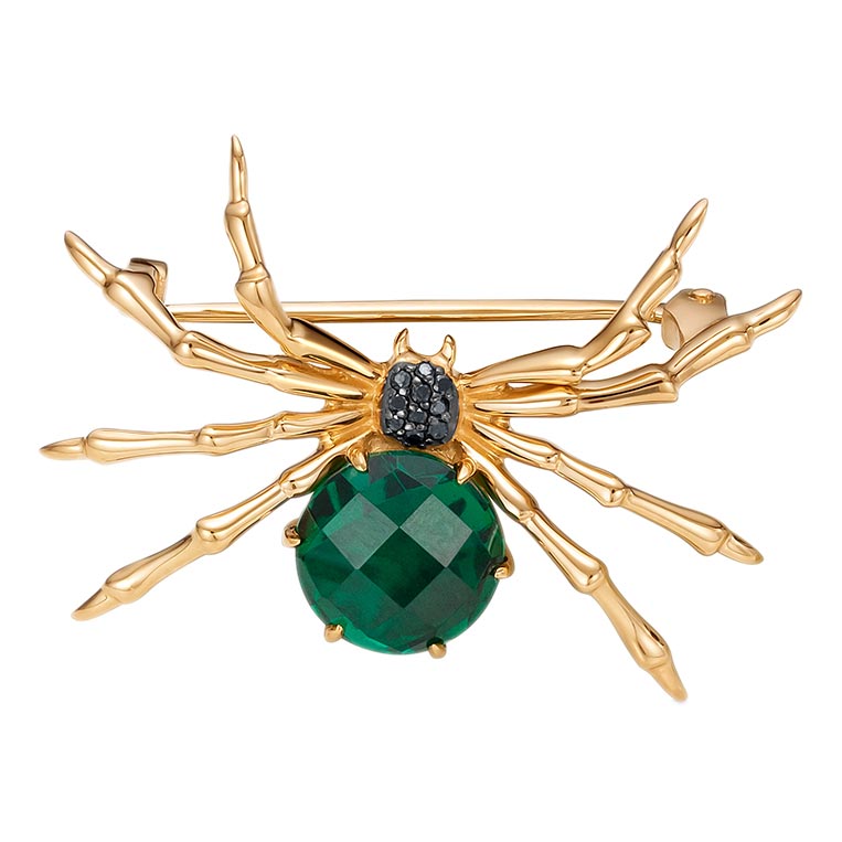 Золотая брошь ''Паук'' Vesna jewelry 91783-156-33-00 с изумрудом, черными бриллиантами