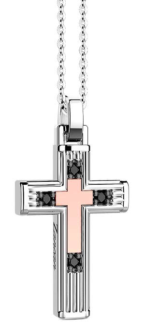 Мужской серебряный декоративный крестик на цепочке Zancan ESC151R с золотом, черными бриллиантами